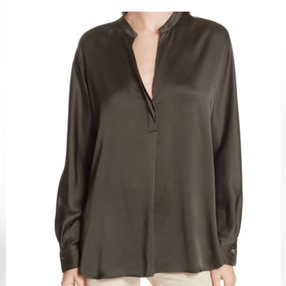 Vince Silk Satin Band-Collar Blouse Green Size XS